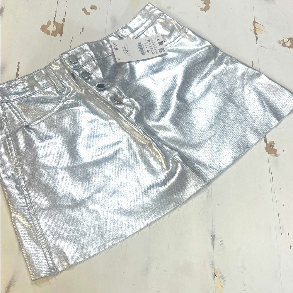 Zara Metallic Silver Mini Skirt XL Button Up A Line Cut